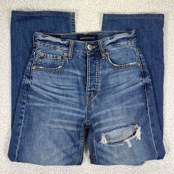 Aeropostale Jeans Women’s Size 00R (Actual 25x25) Blue 90’s Baggy Distressed - Picture 1 of 14